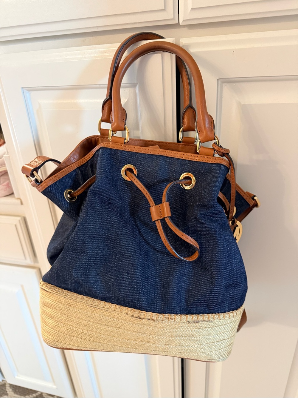 Michael Kors Denim and Tan Drawstring Bucket Bag
